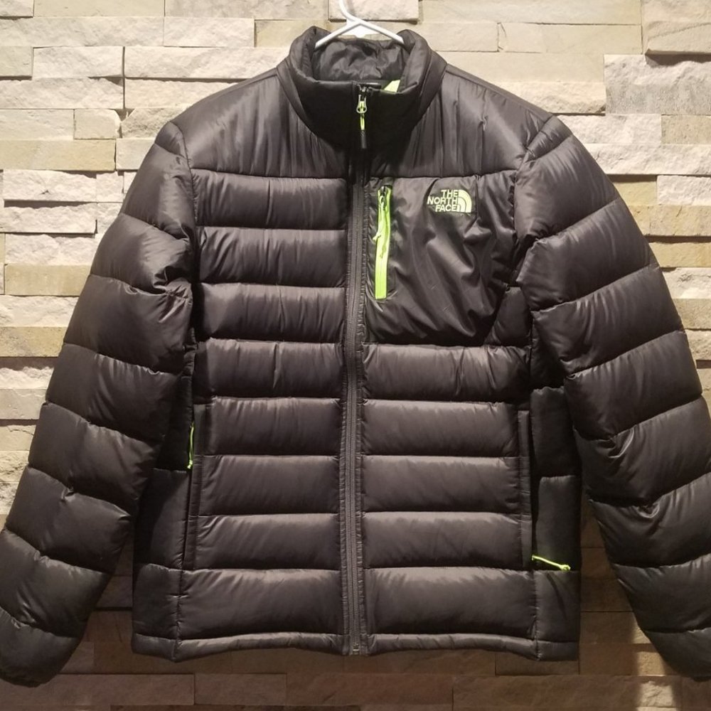 North Face Mens Small Grey Goose Down Winter Puffer Jacket Green Bubble Coat S